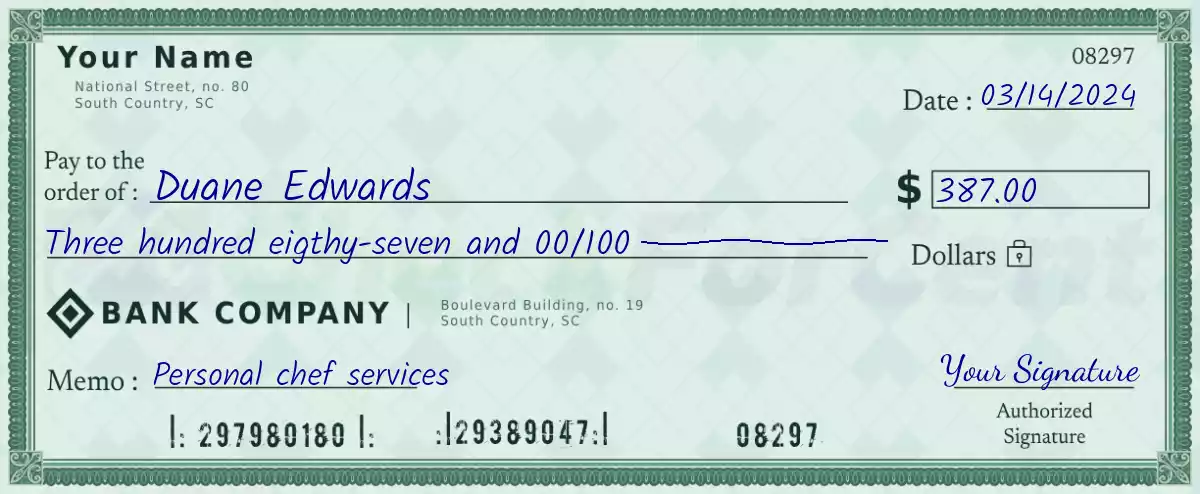 Example of a 387 dollar check