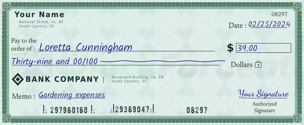 Example of a 39 dollar check