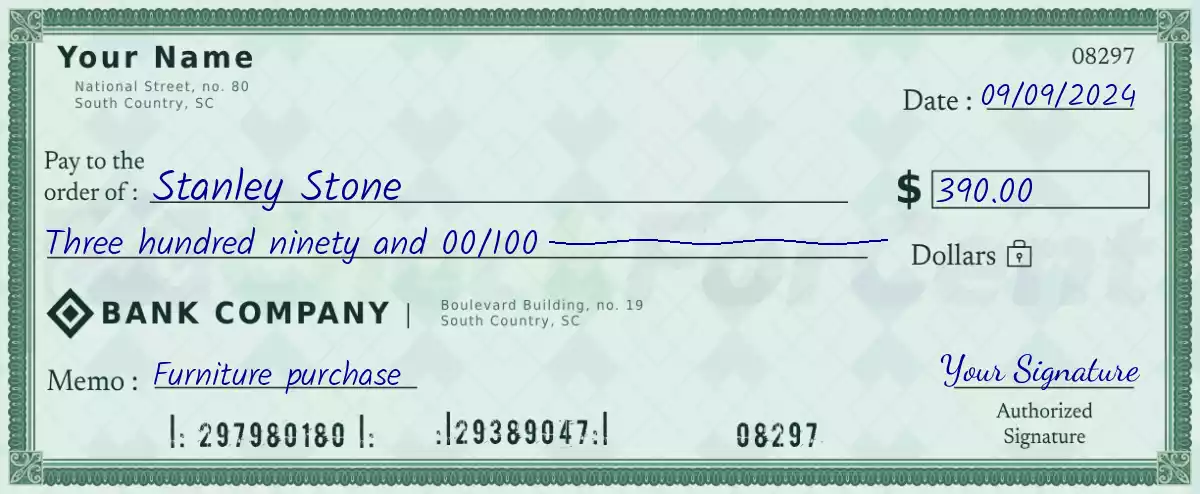 Example of a 390 dollar check