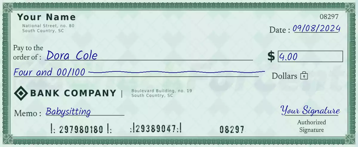 Example of a 4 dollar check