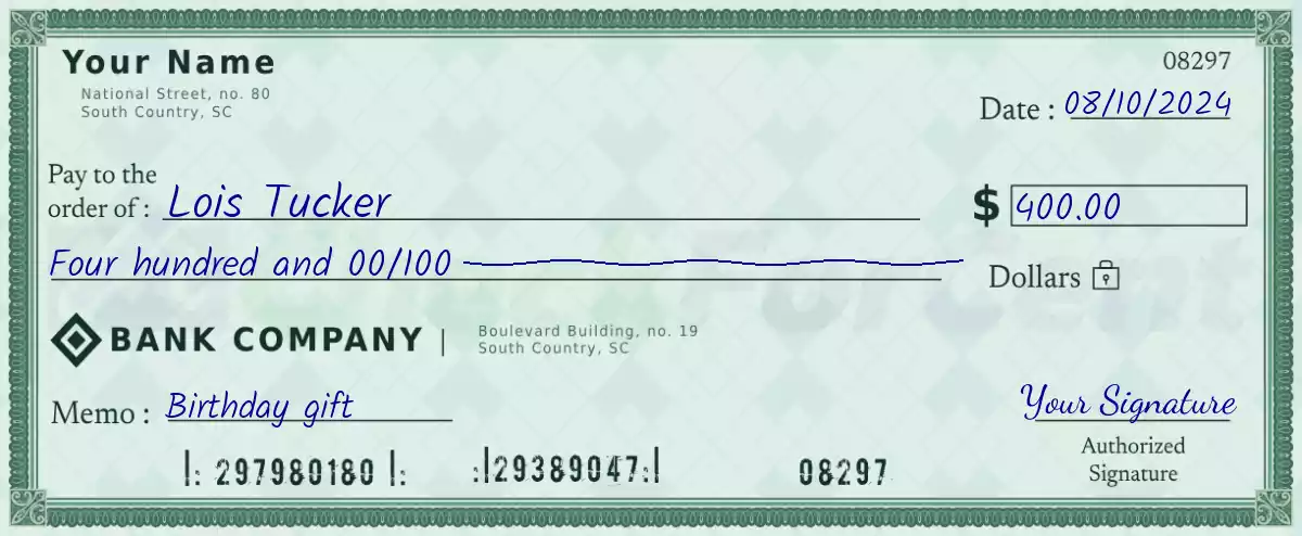 Example of a 400 dollar check