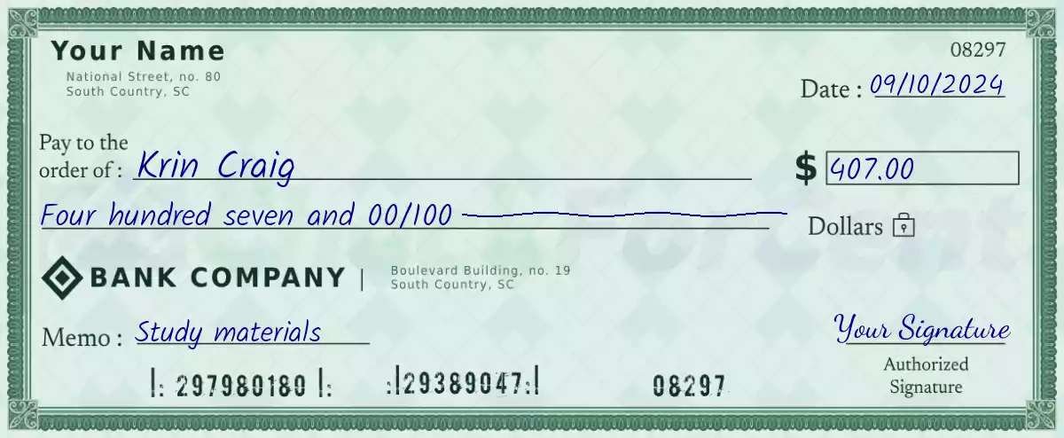 Example of a 407 dollar check