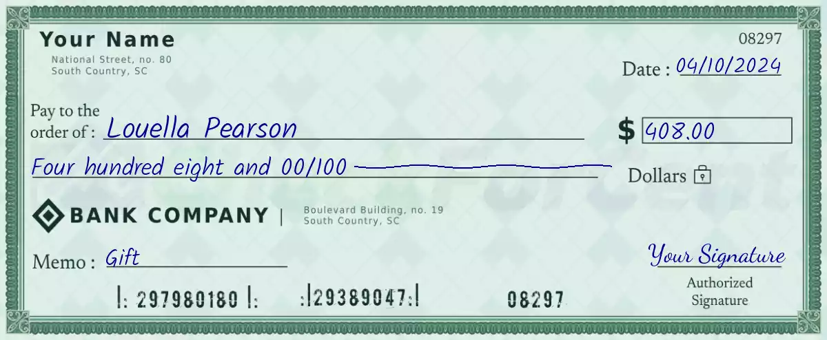 Example of a 408 dollar check