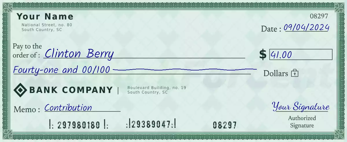 Example of a 41 dollar check