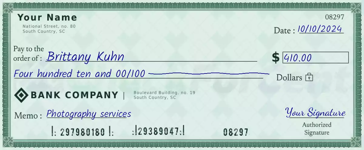Example of a 410 dollar check