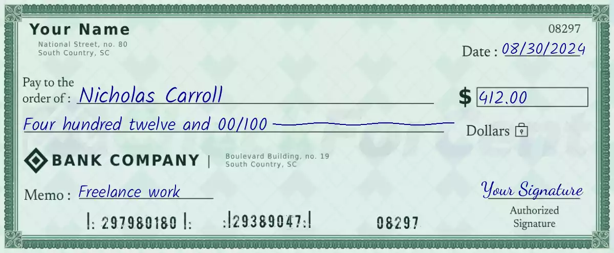 Example of a 412 dollar check