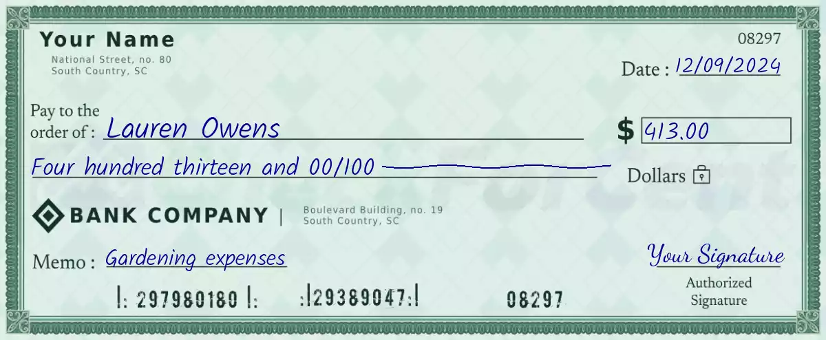 Example of a 413 dollar check