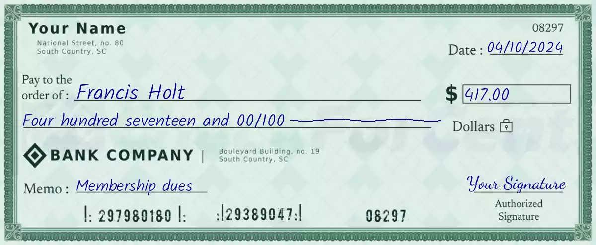 Example of a 417 dollar check