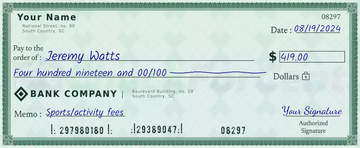 Example of a 419 dollar check