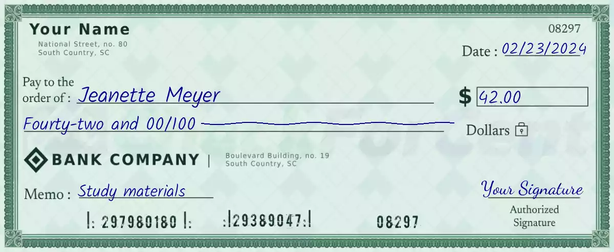 Example of a 42 dollar check