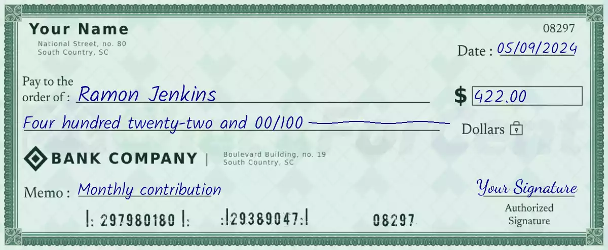 Example of a 422 dollar check