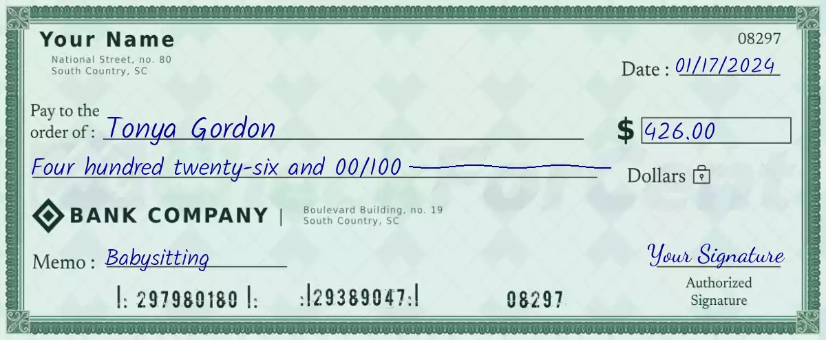 Example of a 426 dollar check