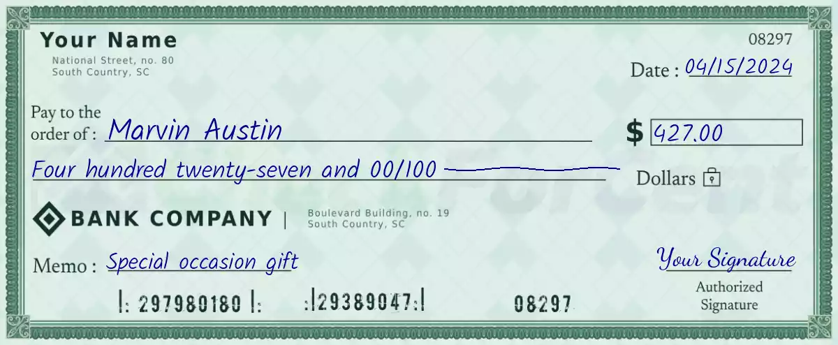 Example of a 427 dollar check