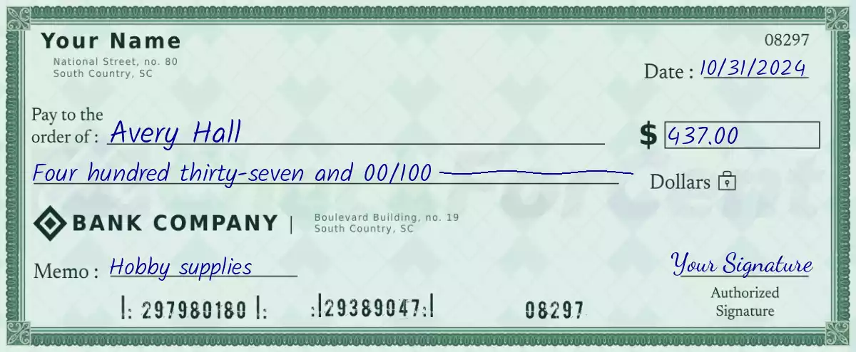 Example of a 437 dollar check