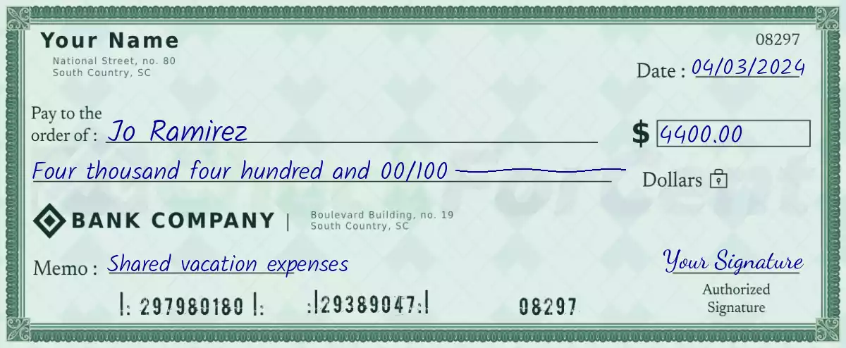 Example of a 4400 dollar check