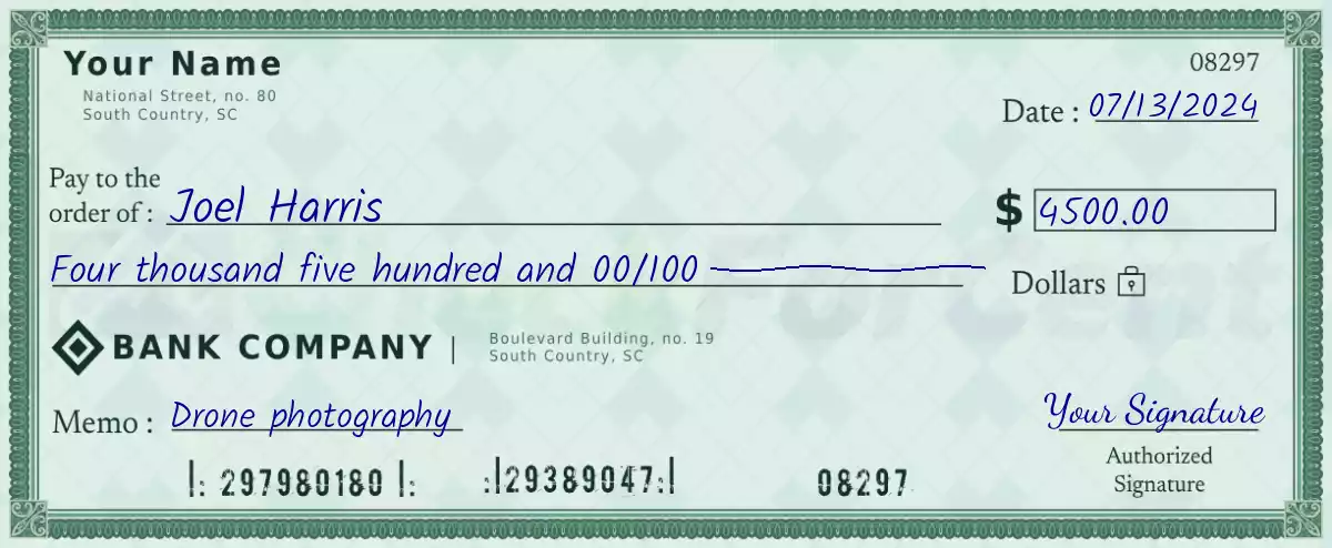 Example of a 4500 dollar check