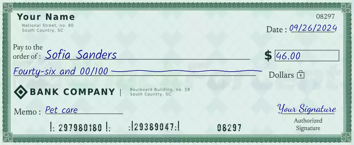 Example of a 46 dollar check