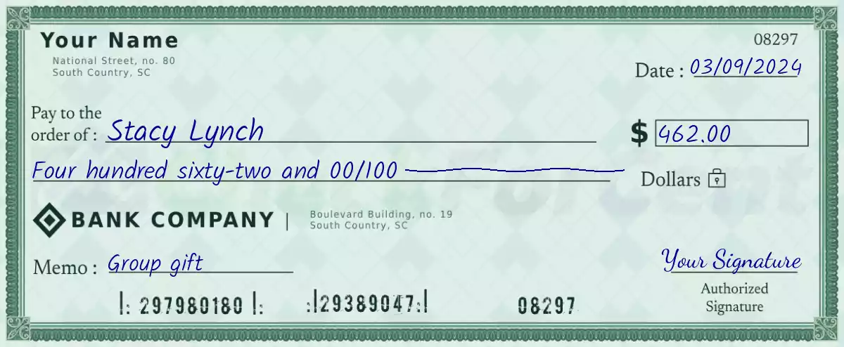 Example of a 462 dollar check