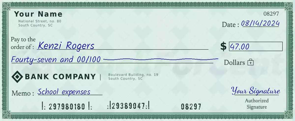 Example of a 47 dollar check