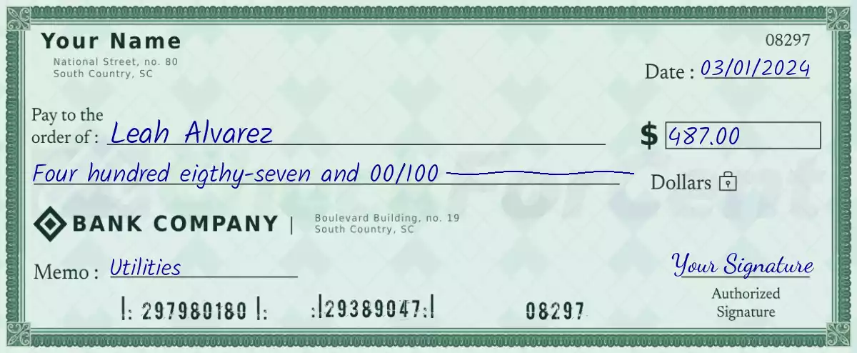 Example of a 487 dollar check