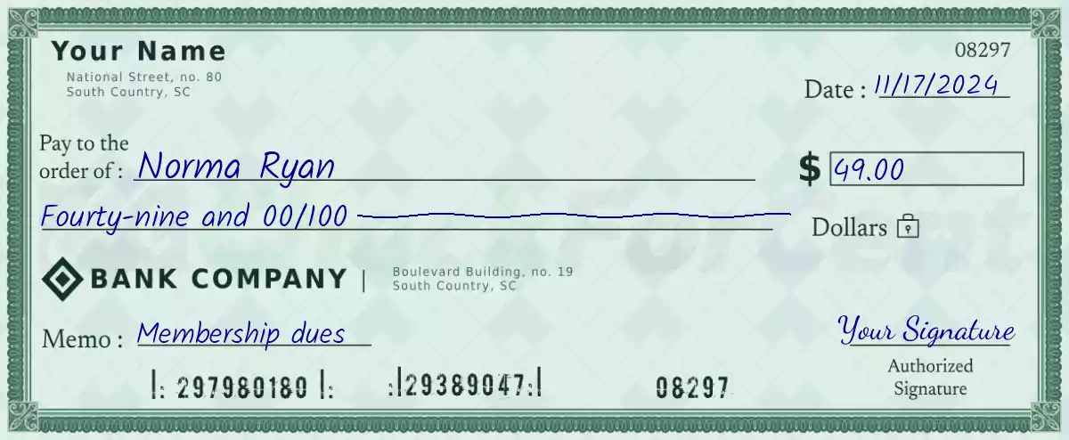 Example of a 49 dollar check