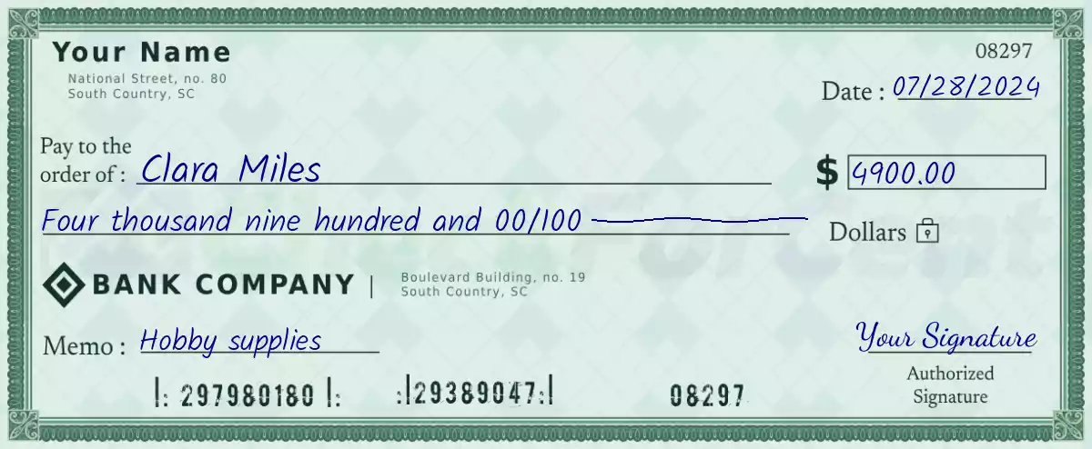 Example of a 4900 dollar check