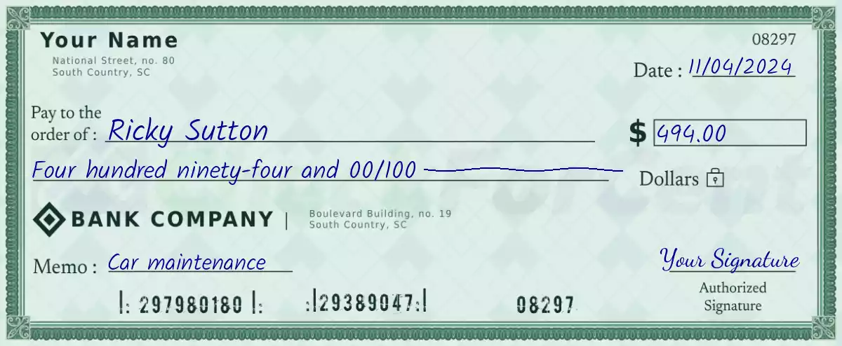 Example of a 494 dollar check