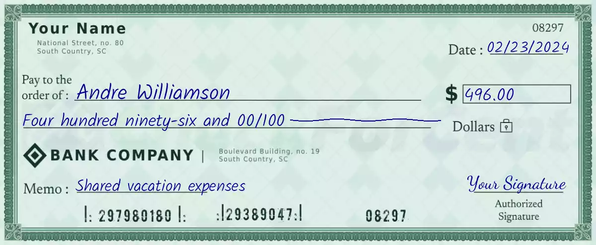 Example of a 496 dollar check