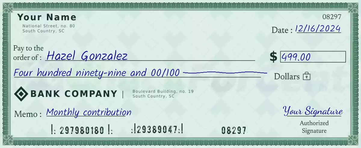 Example of a 499 dollar check