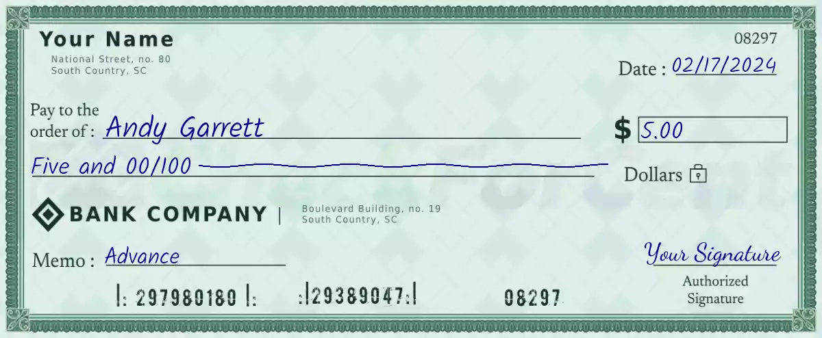 Example of a 5 dollar check