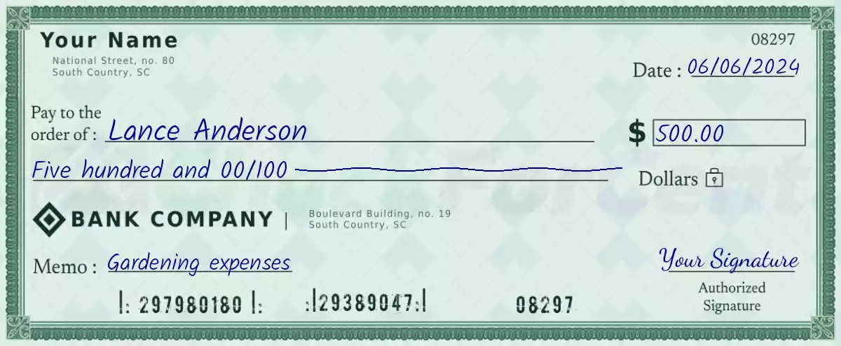 Example of a 500 dollar check