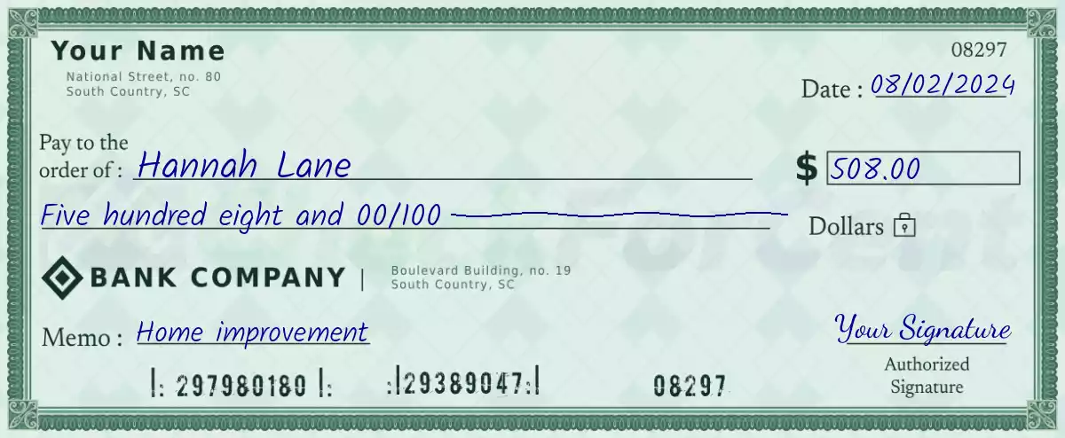 Example of a 508 dollar check
