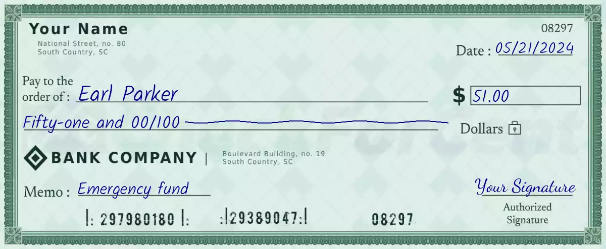 Example of a 51 dollar check