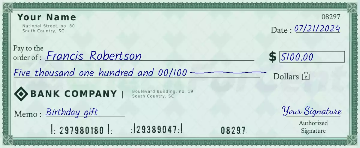Example of a 5100 dollar check