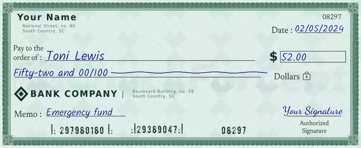 Example of a 52 dollar check