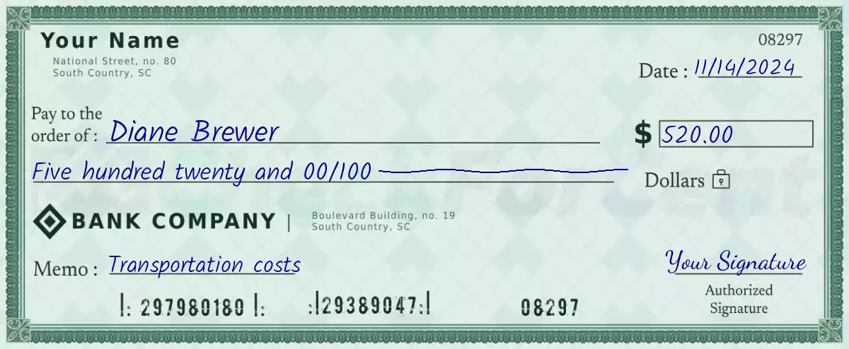 Example of a 520 dollar check