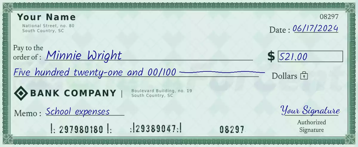 Example of a 521 dollar check