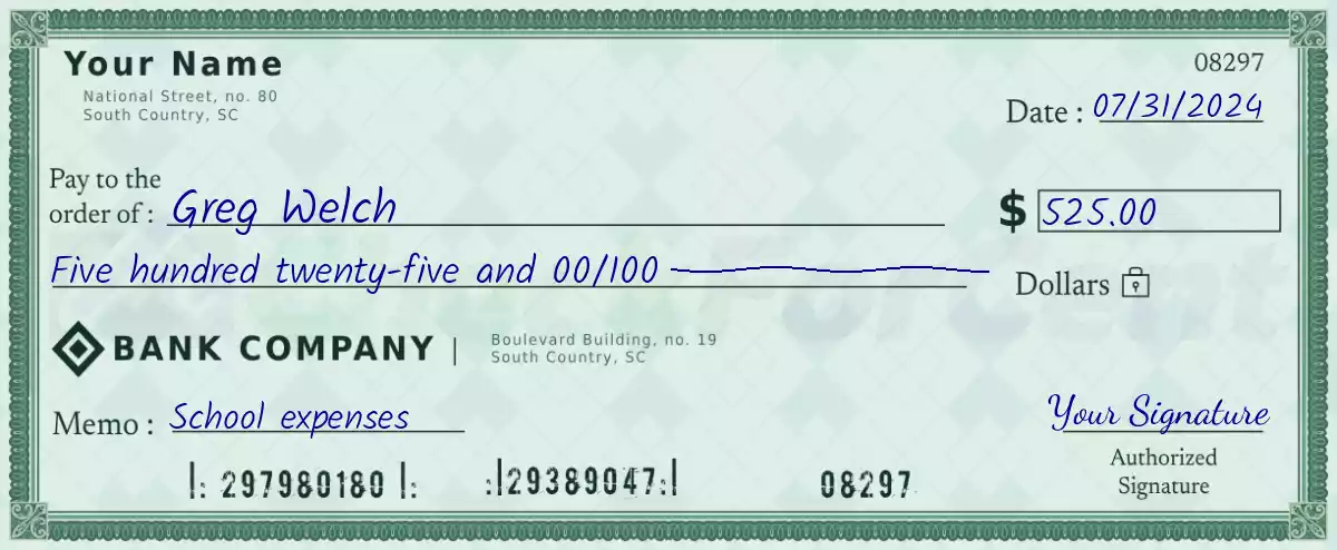 Example of a 525 dollar check