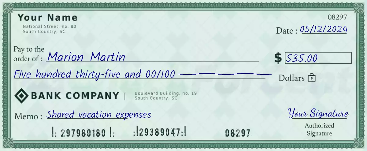 Example of a 535 dollar check