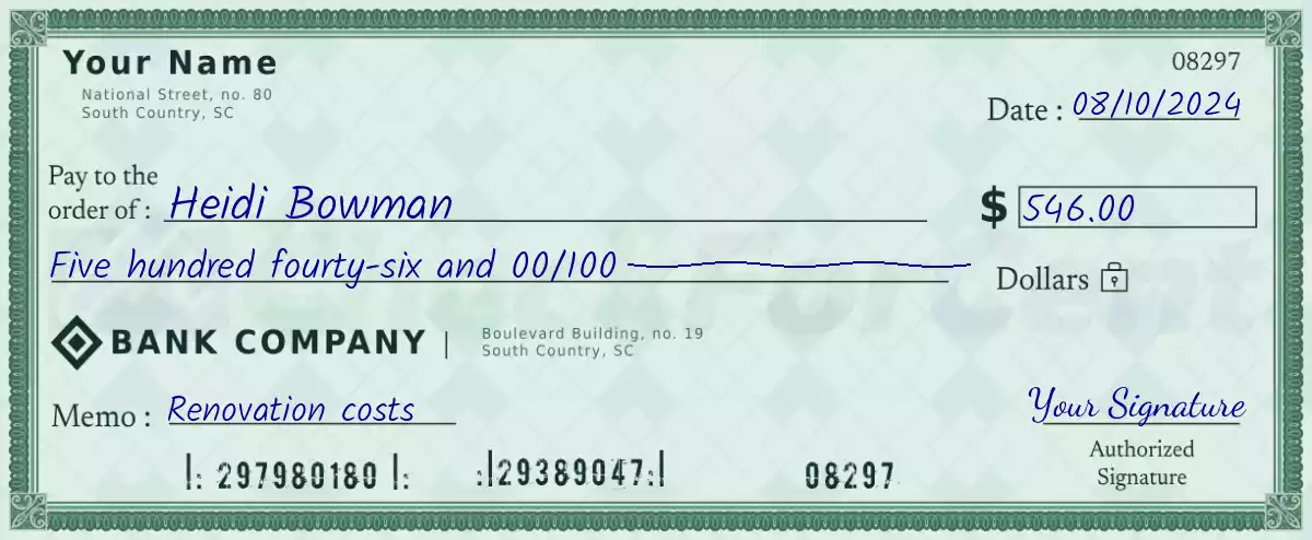 Example of a 546 dollar check