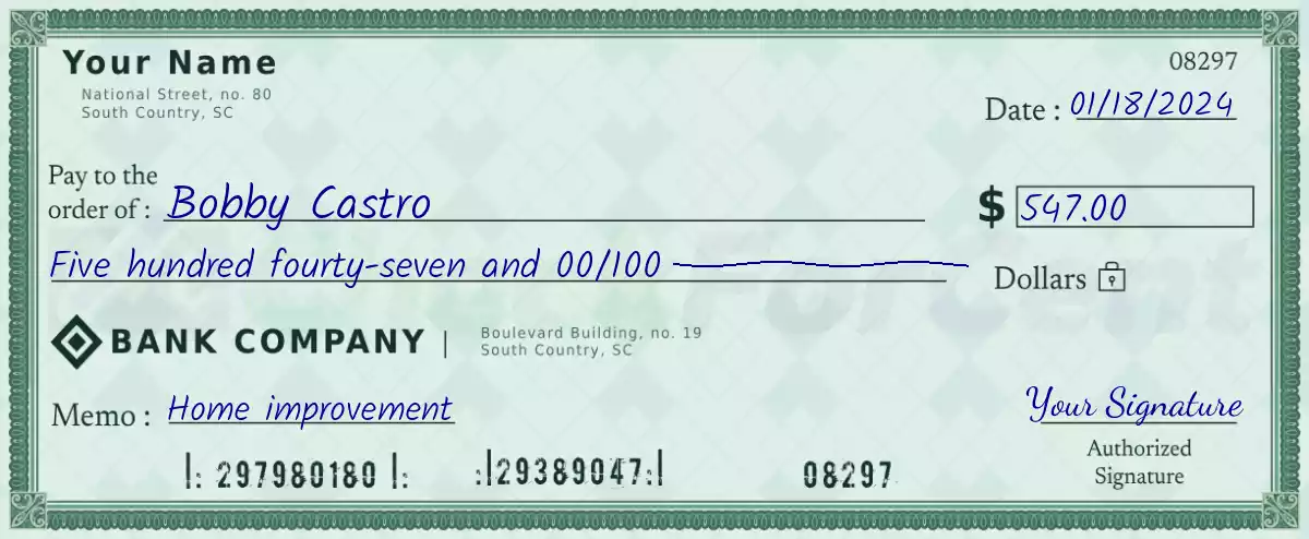 Example of a 547 dollar check