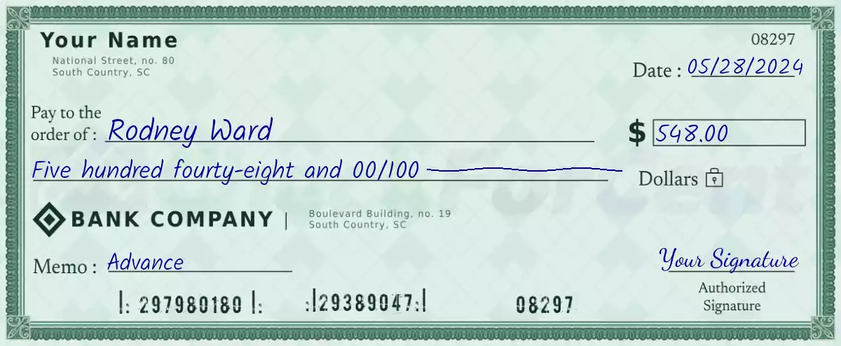 Example of a 548 dollar check