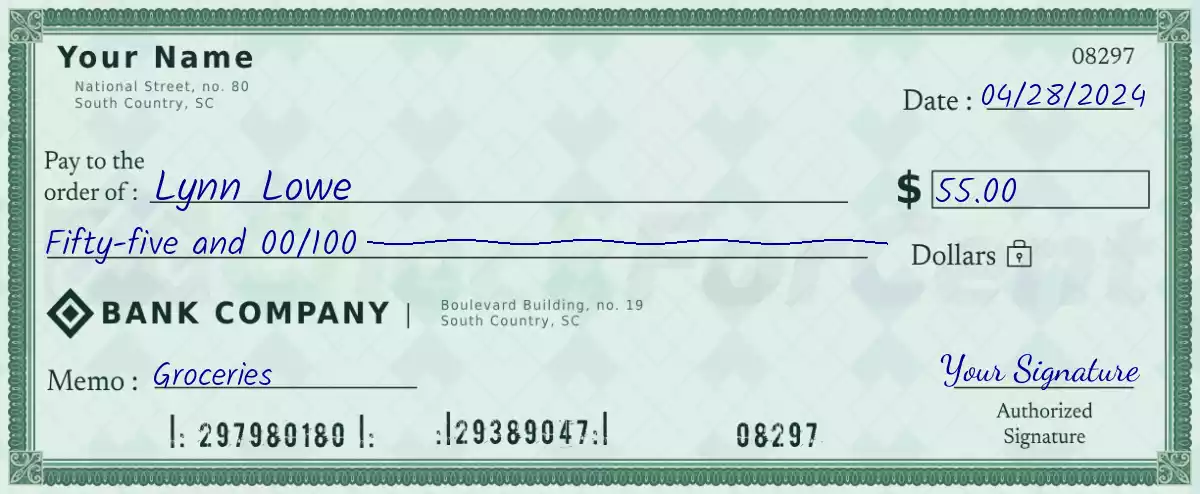 Example of a 55 dollar check