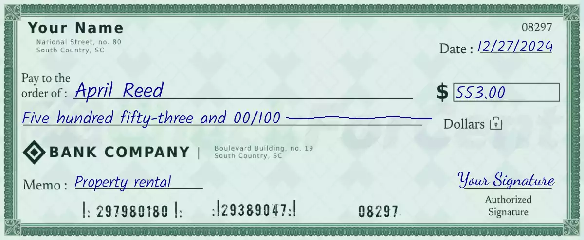 Example of a 553 dollar check