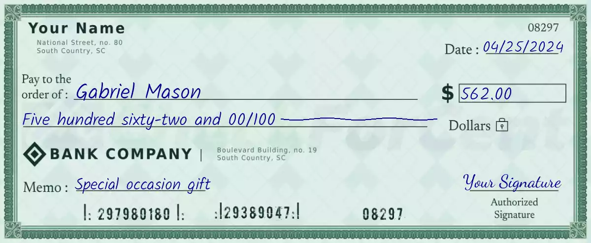 Example of a 562 dollar check
