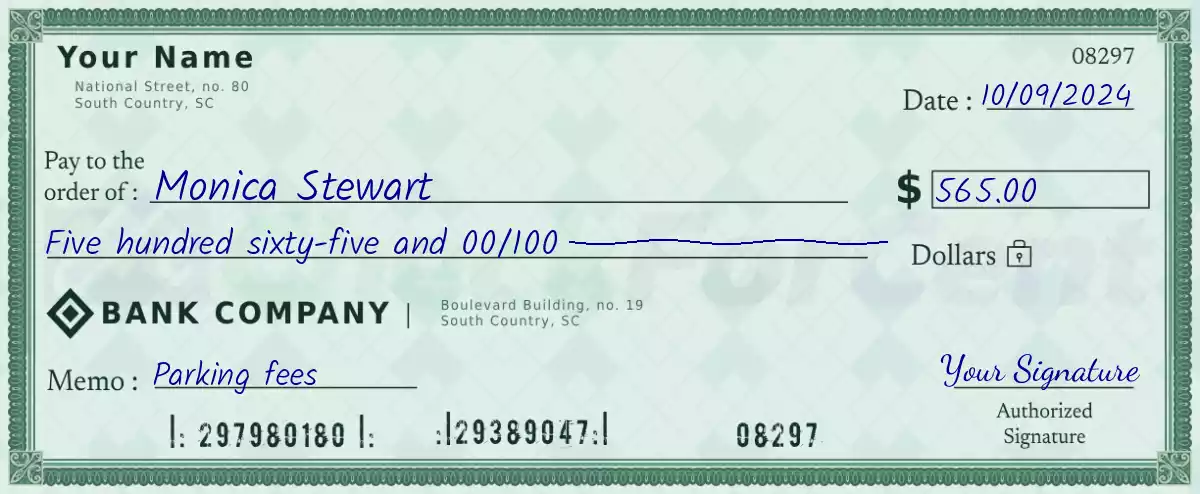 Example of a 565 dollar check