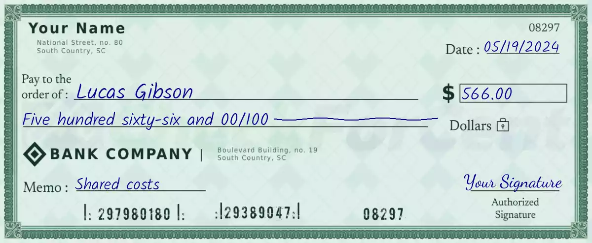 Example of a 566 dollar check