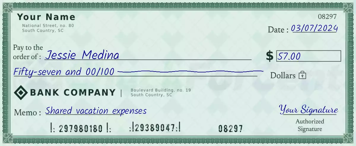 Example of a 57 dollar check