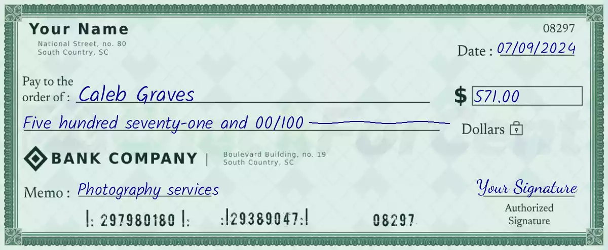 Example of a 571 dollar check