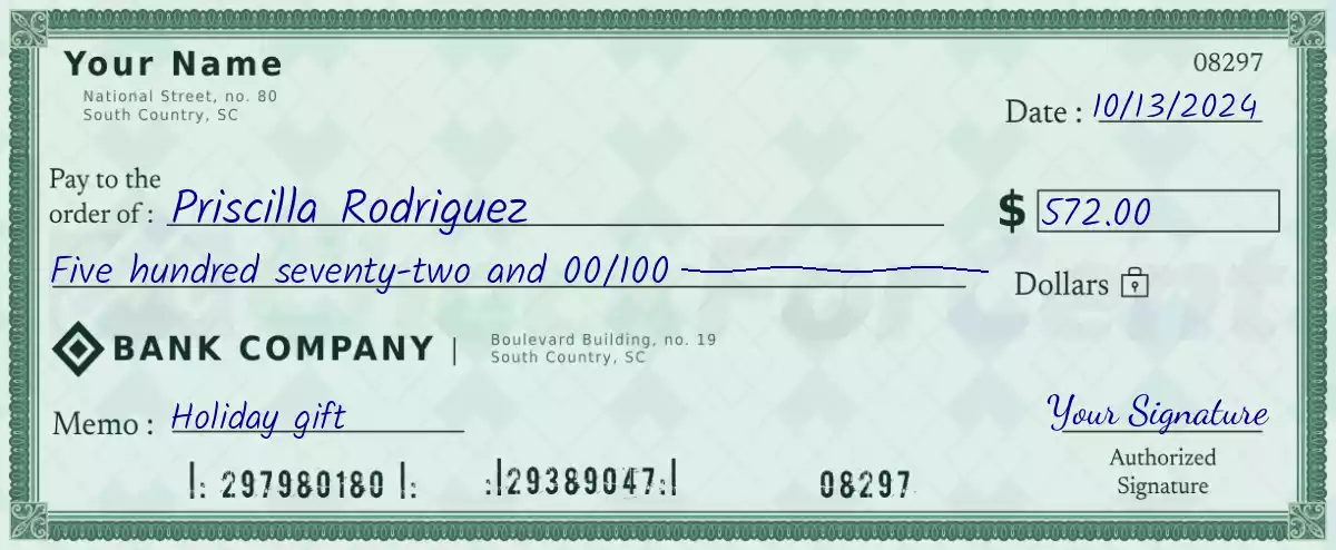 Example of a 572 dollar check